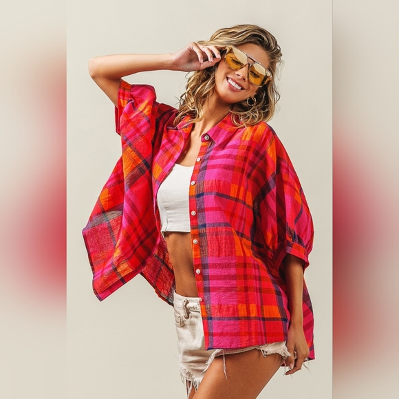 BiBi Button Up Dolman Sleeve Plaid Shirt - Picture 3 of 7
